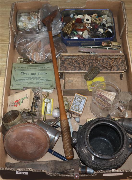 A quantity of Victorian pennies and collectables including knives, buttons etc.